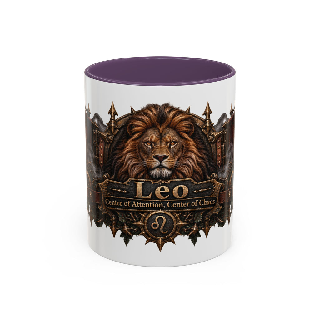 Leo Bronze Zodiac accent coffee mug, 11oz, white with purple interior and handle