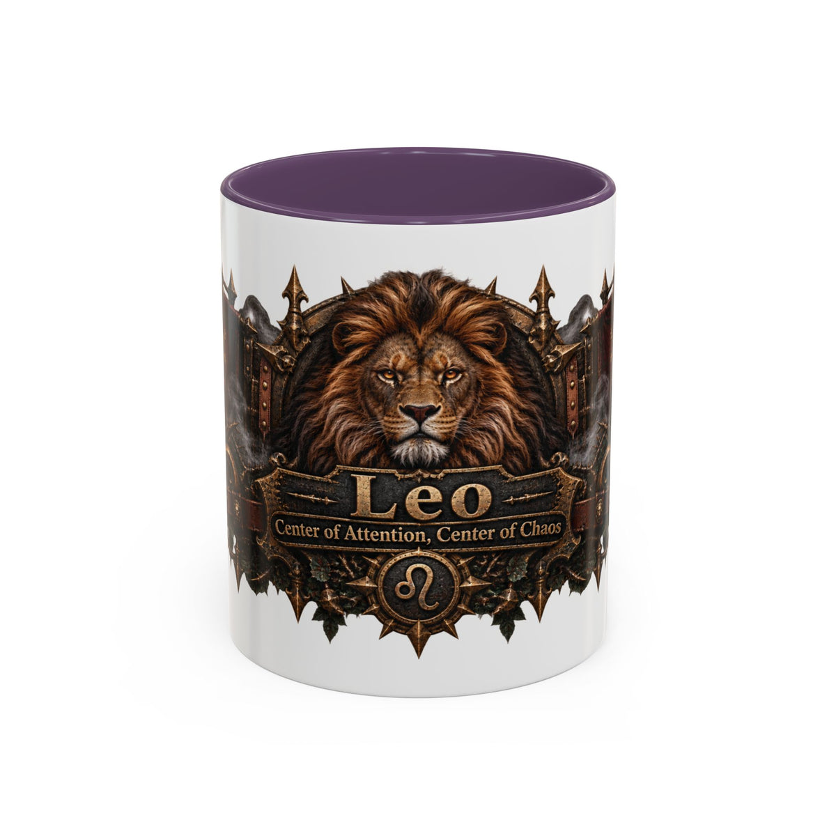 Leo Bronze Zodiac accent coffee mug, 11oz, white with purple interior and handle