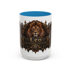 Leo Bronze Zodiac accent coffee mug, 15oz, white with blue interior and handle