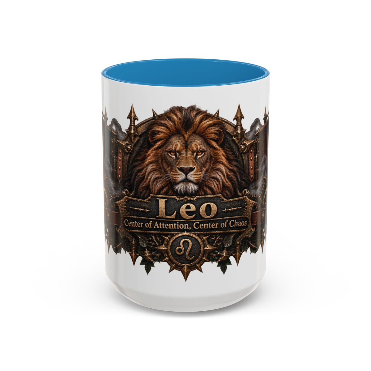 Leo Bronze Zodiac accent coffee mug, 15oz, white with blue interior and handle