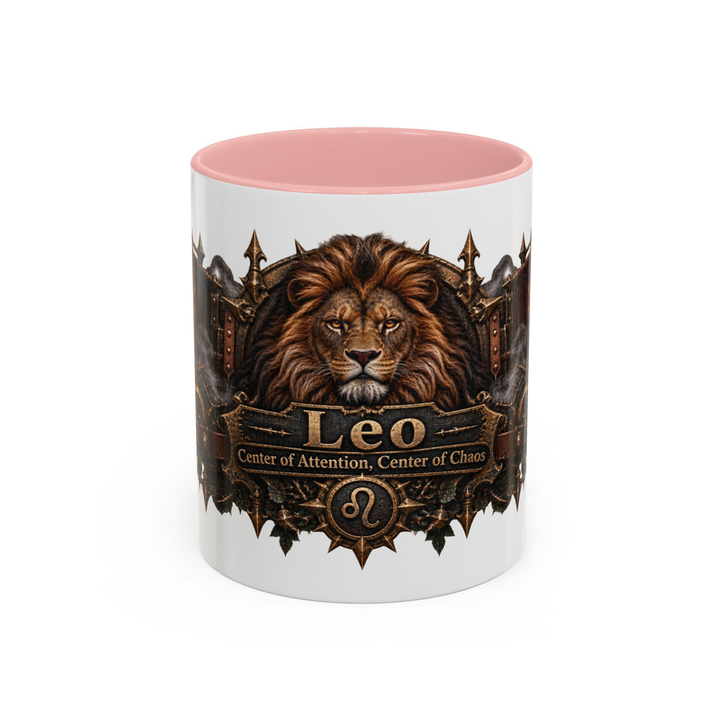 Leo Bronze Zodiac accent coffee mug, 11oz, white with pink interior and handle