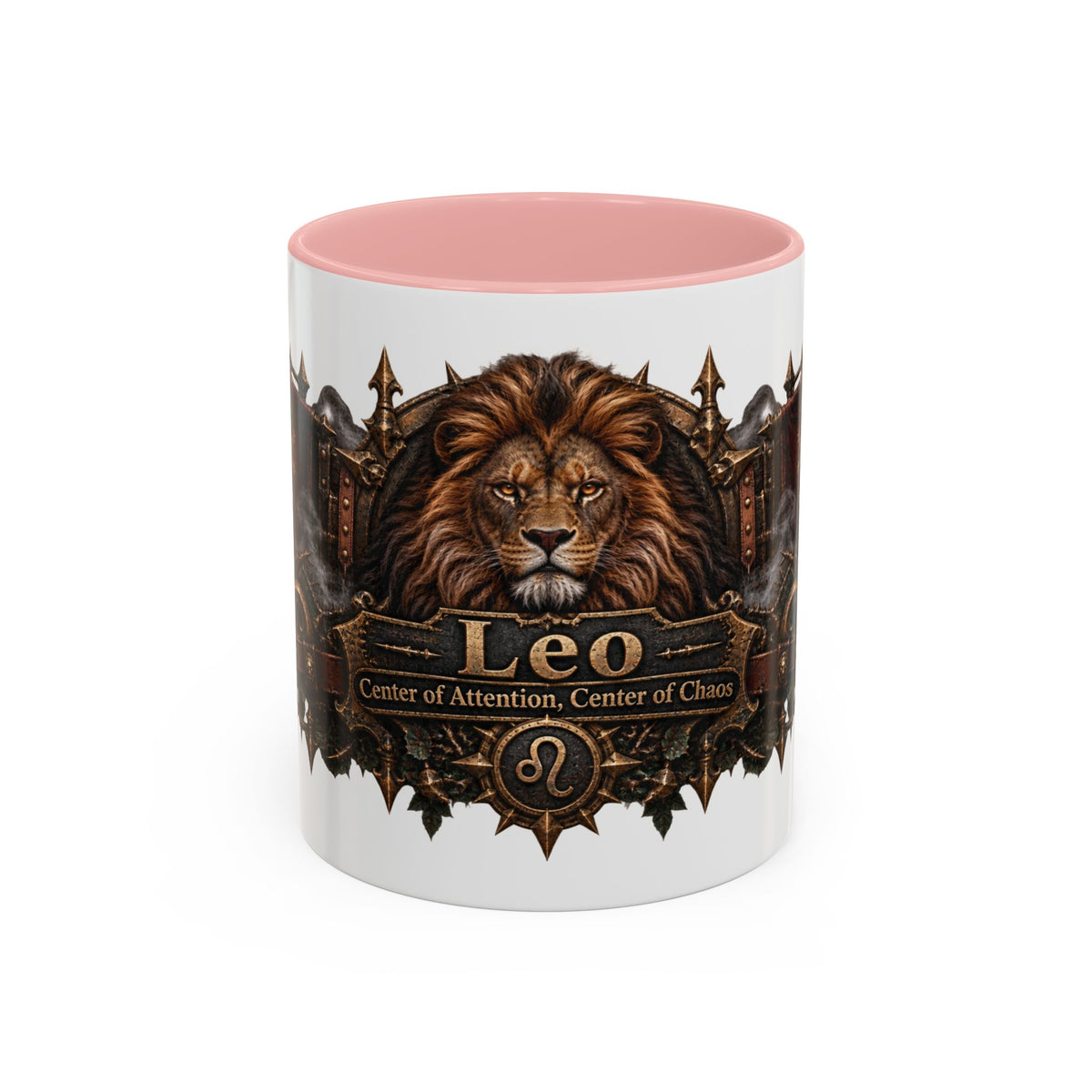 Leo Bronze Zodiac accent coffee mug, 11oz, white with pink interior and handle
