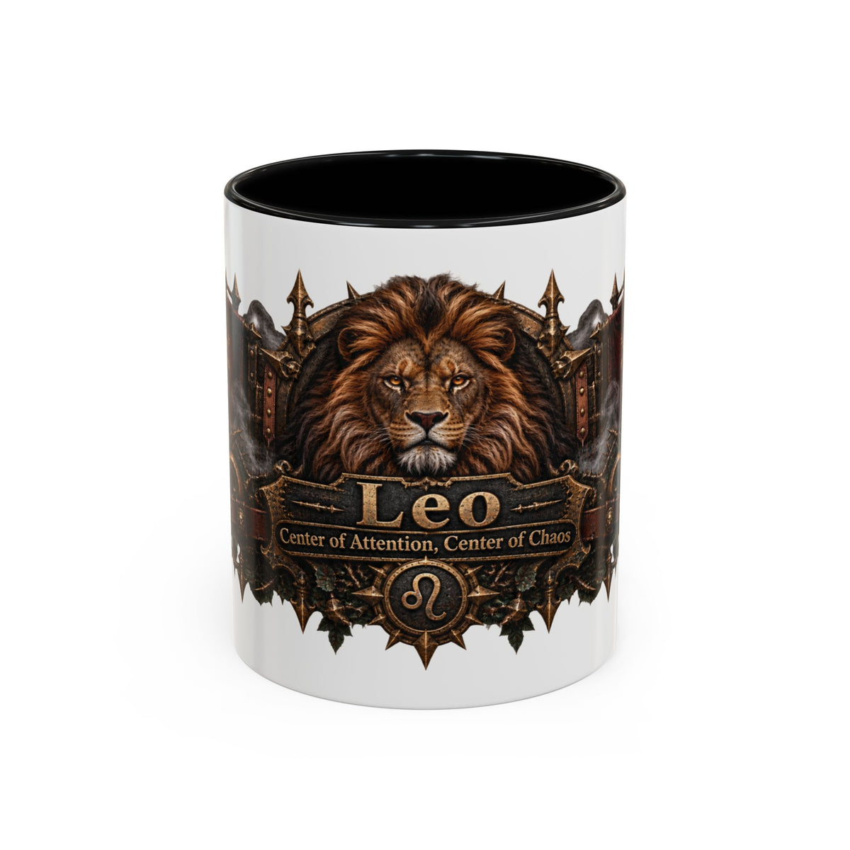 Leo Bronze Zodiac accent coffee mug, 11oz, white with black interior and handle