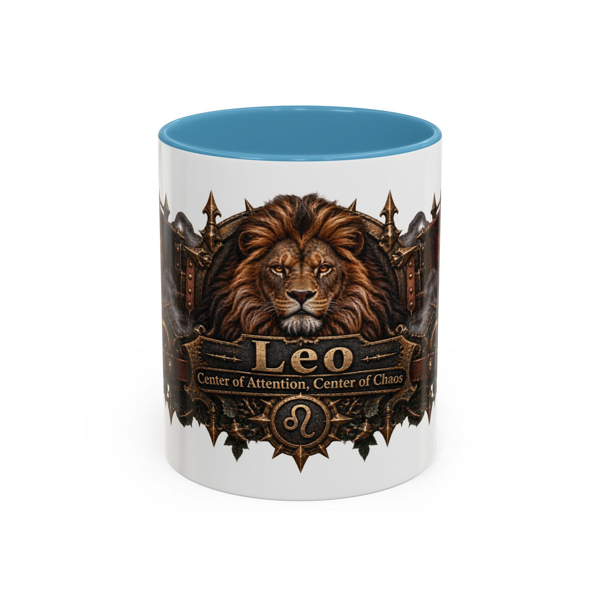 Leo Bronze Zodiac accent coffee mug, 11oz, white with light blue interior and handle