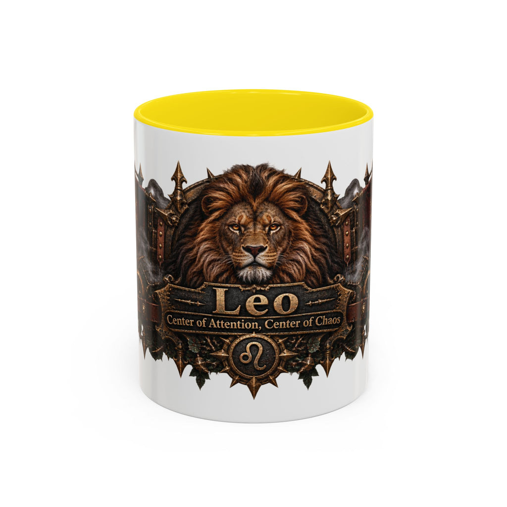 Leo Bronze Zodiac accent coffee mug, 11oz, white with yellow interior and handle
