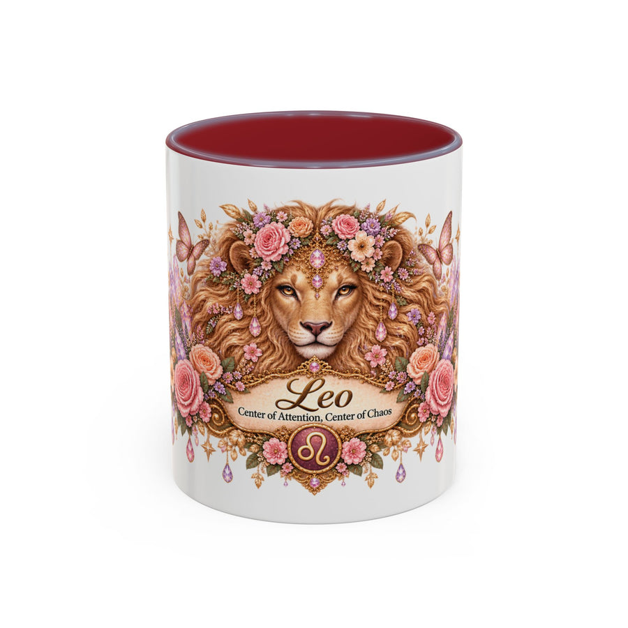 Leo Floral Zodiac accent coffee mug, 11oz, white with maroon interior and handle