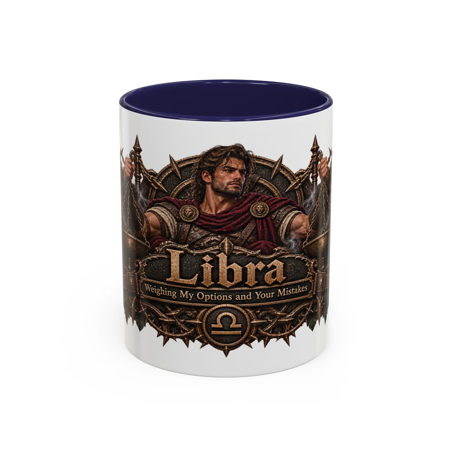 Libra Bronze Zodiac accent coffee mug, 11oz, white with navy interior and handle