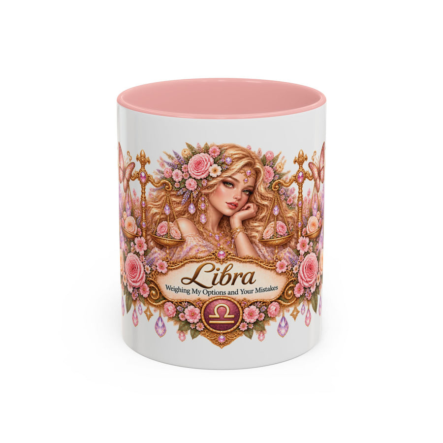 Libra Floral Zodiac accent coffee mug, 11oz, white with pink interior and handle