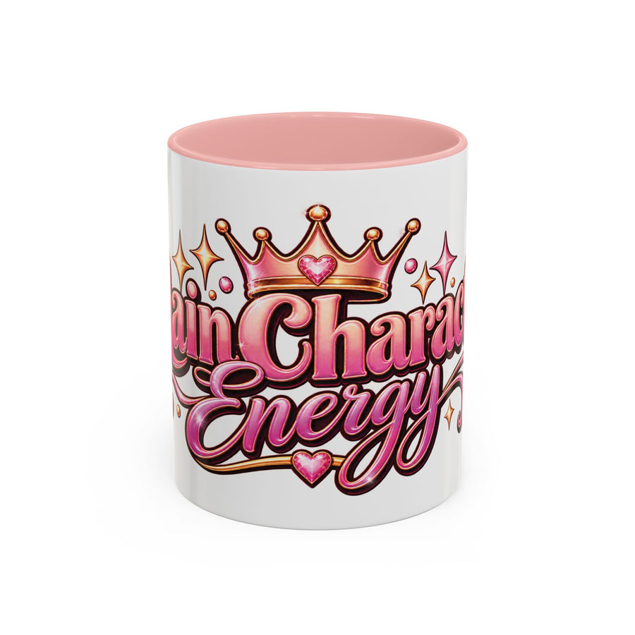 Main Character Energy accent coffee mug, 11oz, white with pink interior and handle