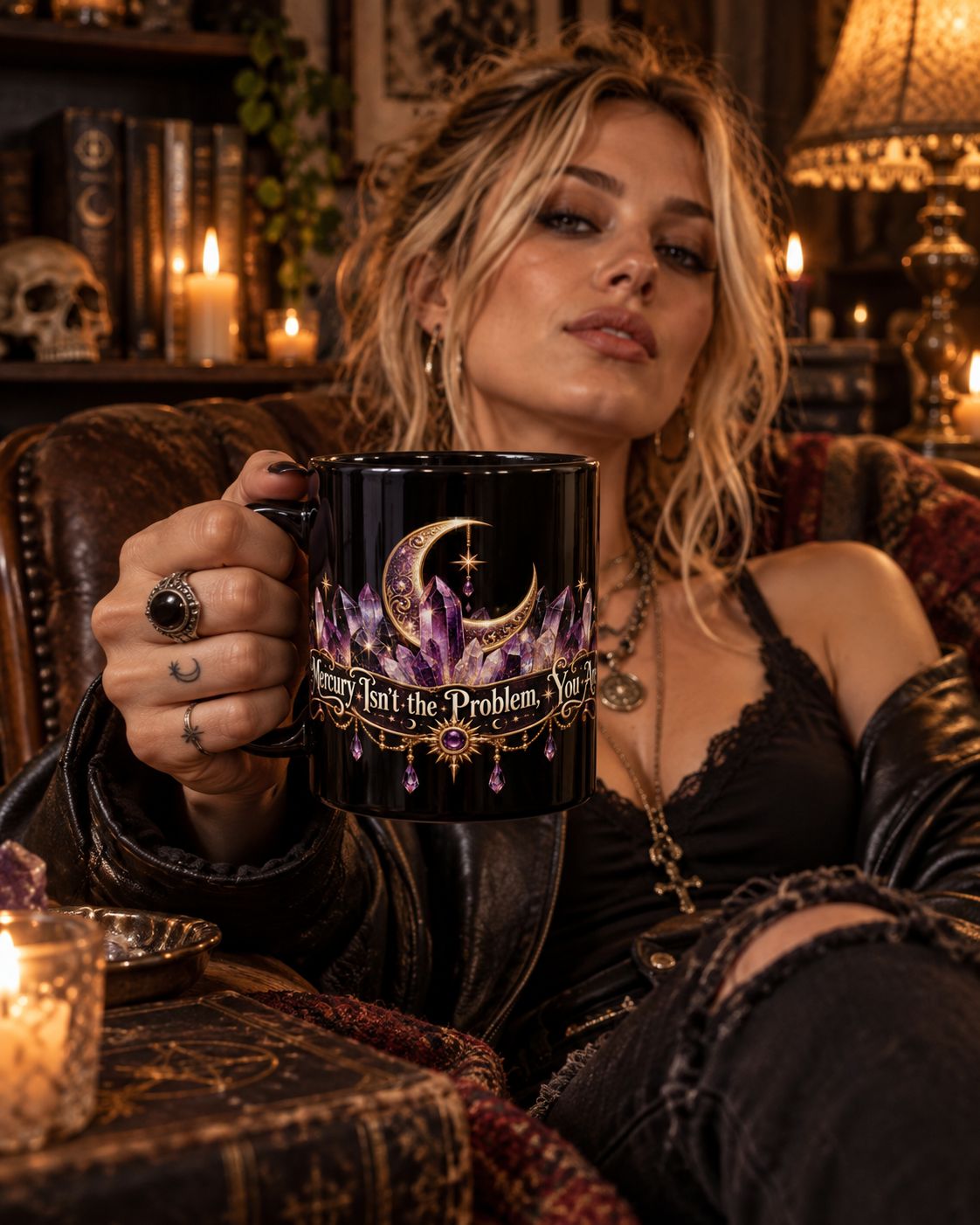 Mercury Isn't the Problem, You Are black coffee mug in a cozy lifestyle photo