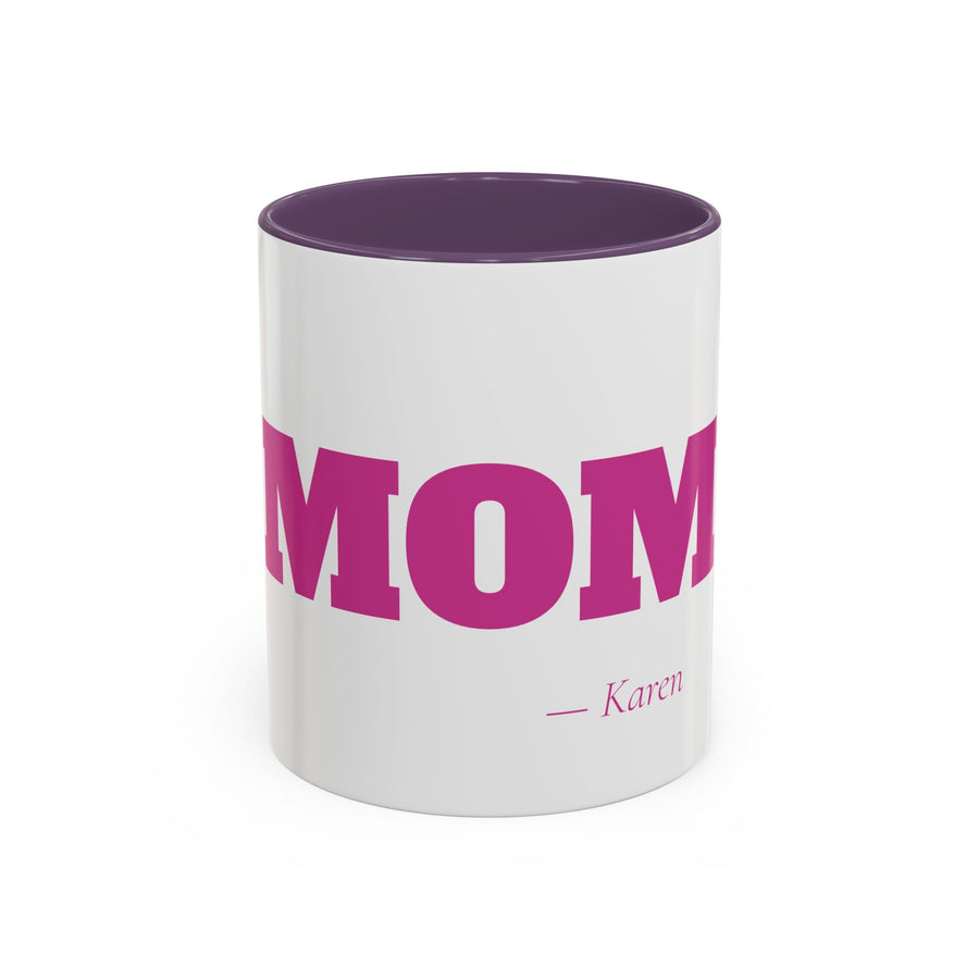 Mom personalized accent coffee mug, 11oz, white with purple interior and handle