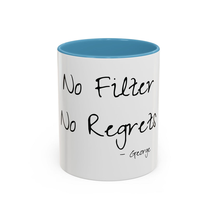 No Filter, No Regrets personalized accent coffee mug, 11oz, white with light blue interior and handle