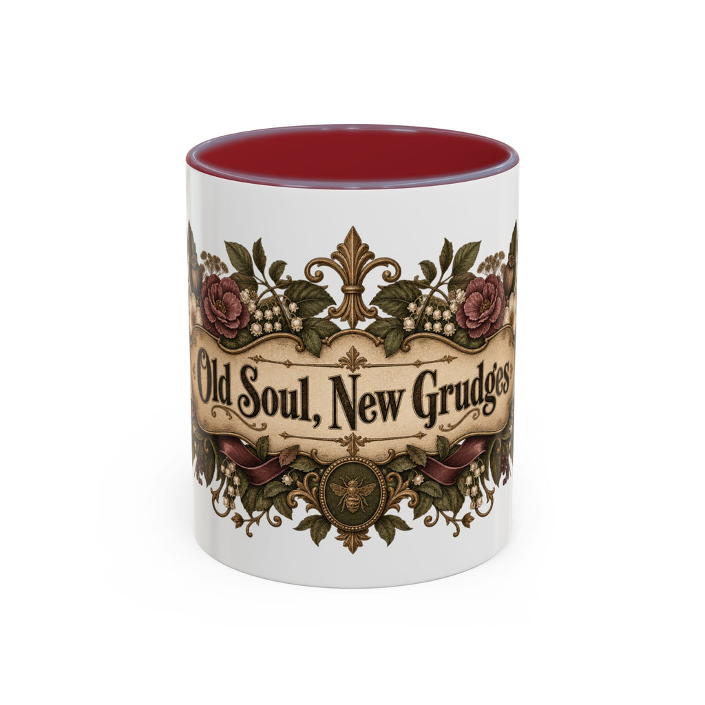 Old Soul, New Grudges accent coffee mug, 11oz, white with maroon interior and handle