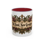 Old Soul, New Grudges accent coffee mug, 11oz, white with maroon interior and handle