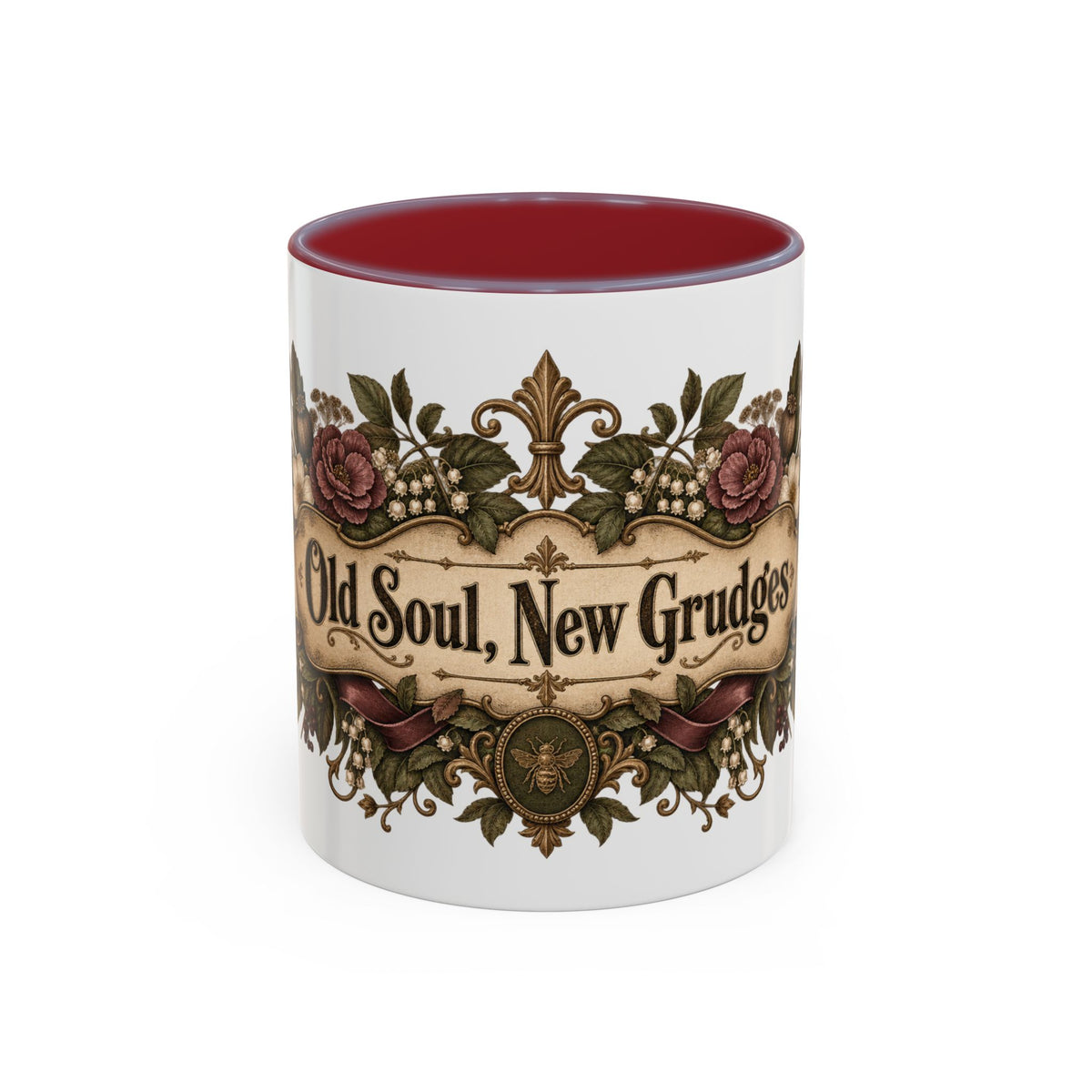 Old Soul, New Grudges accent coffee mug, 11oz, white with maroon interior and handle