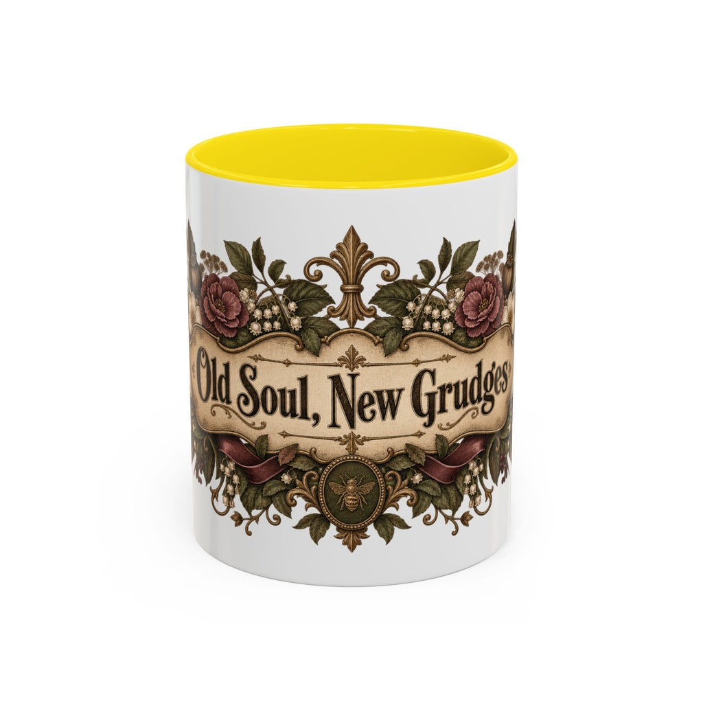 Old Soul, New Grudges accent coffee mug, 11oz, white with yellow interior and handle