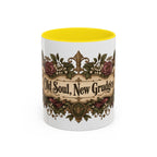 Old Soul, New Grudges accent coffee mug, 11oz, white with yellow interior and handle