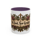 Old Soul, New Grudges accent coffee mug, 11oz, white with purple interior and handle