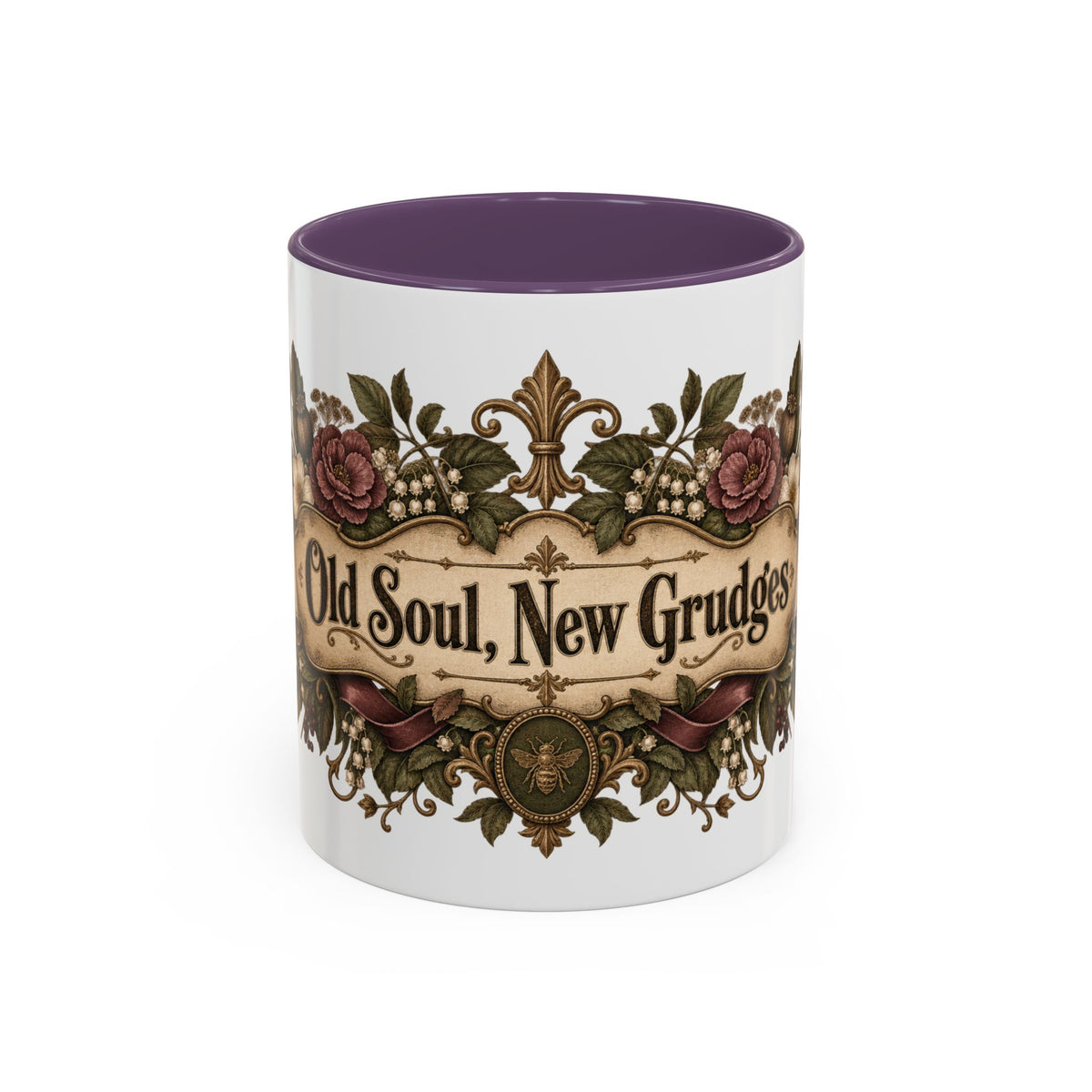 Old Soul, New Grudges accent coffee mug, 11oz, white with purple interior and handle