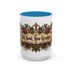 Old Soul, New Grudges accent coffee mug, 15oz, white with blue interior and handle