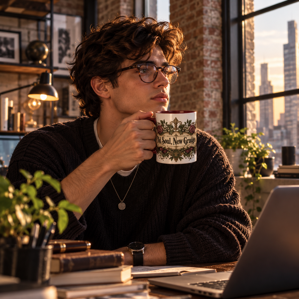 Old Soul, New Grudges accent coffee mug in a cozy lifestyle photo