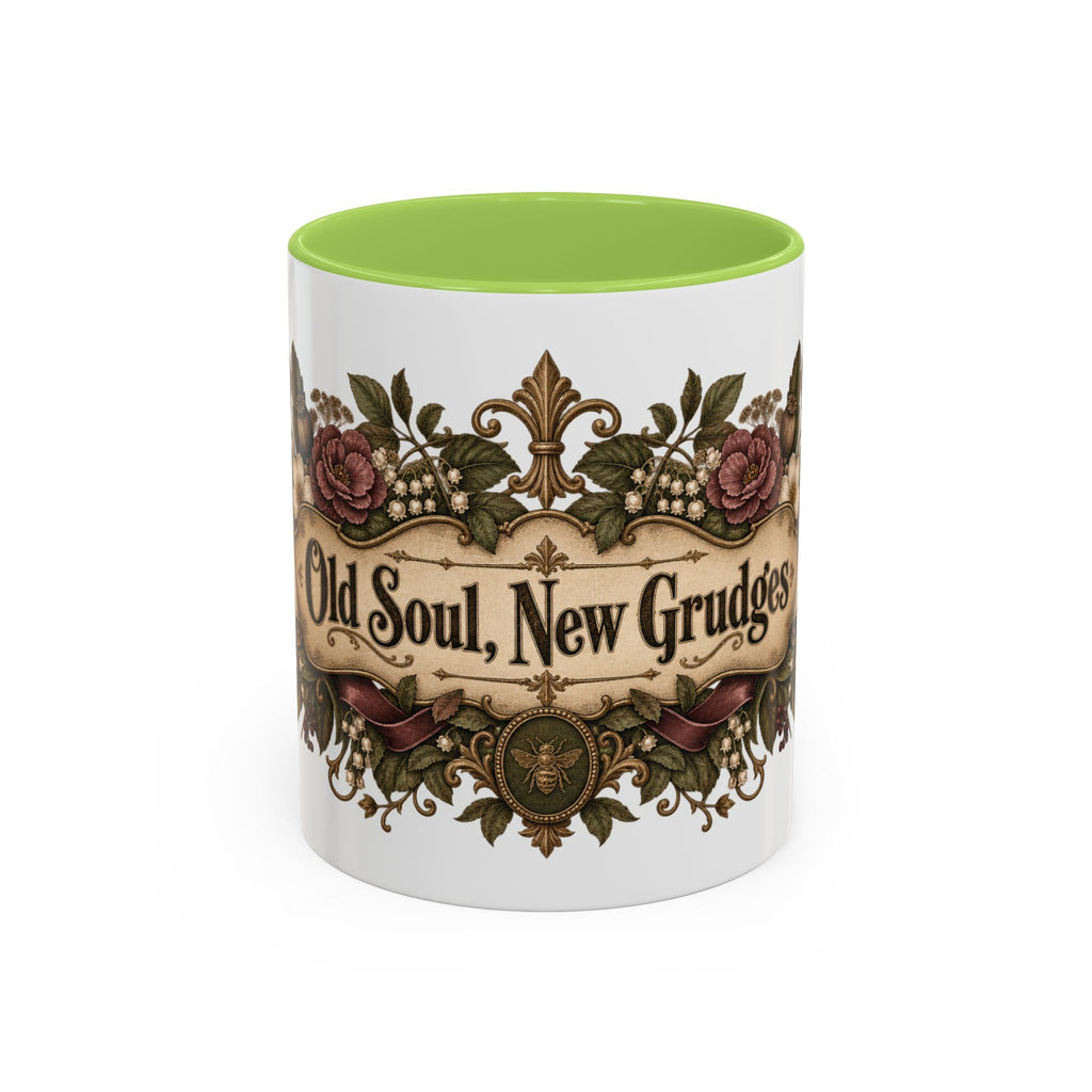 Old Soul, New Grudges accent coffee mug, 11oz, white with light green interior and handle
