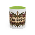 Old Soul, New Grudges accent coffee mug, 11oz, white with light green interior and handle