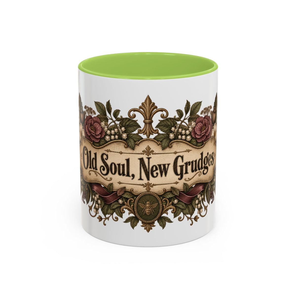 Old Soul, New Grudges accent coffee mug, 11oz, white with light green interior and handle