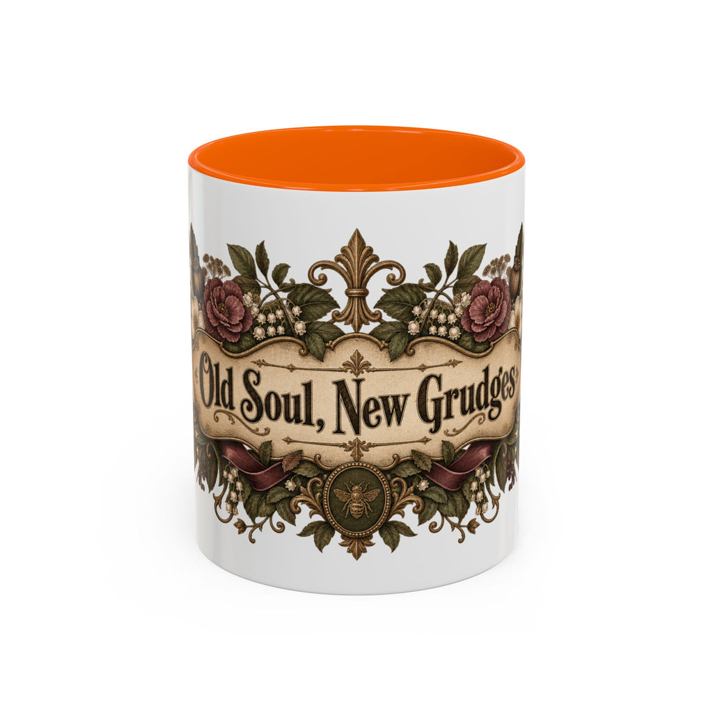 Old Soul, New Grudges accent coffee mug, 11oz, white with orange interior and handle