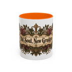 Old Soul, New Grudges accent coffee mug, 11oz, white with orange interior and handle