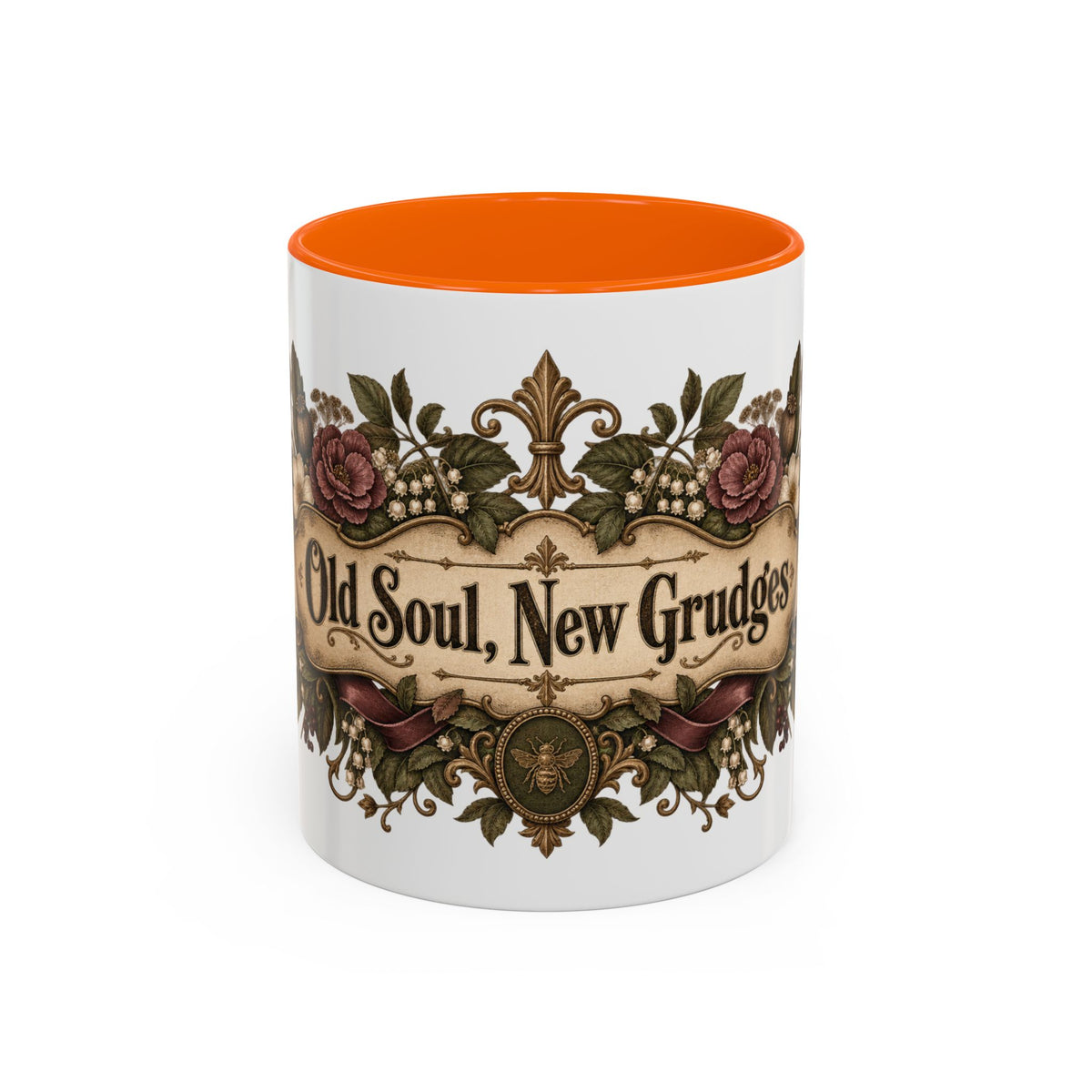 Old Soul, New Grudges accent coffee mug, 11oz, white with orange interior and handle