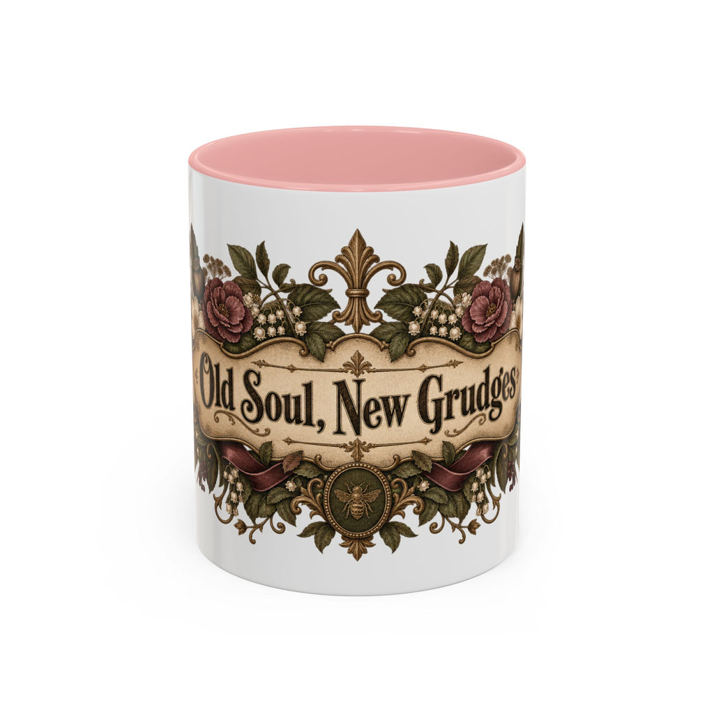 Old Soul, New Grudges accent coffee mug, 11oz, white with pink interior and handle