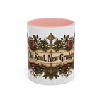 Old Soul, New Grudges accent coffee mug, 11oz, white with pink interior and handle