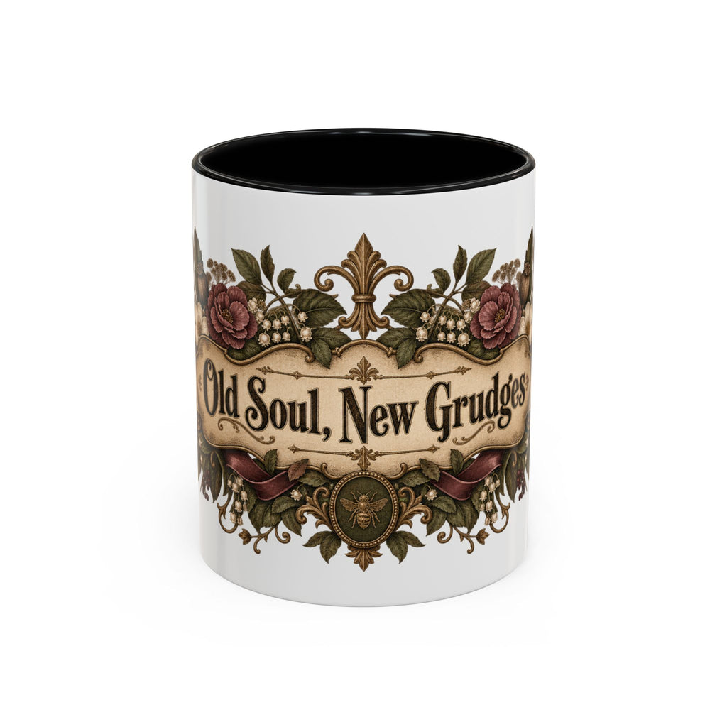 Old Soul, New Grudges accent coffee mug, 11oz, white with black interior and handle