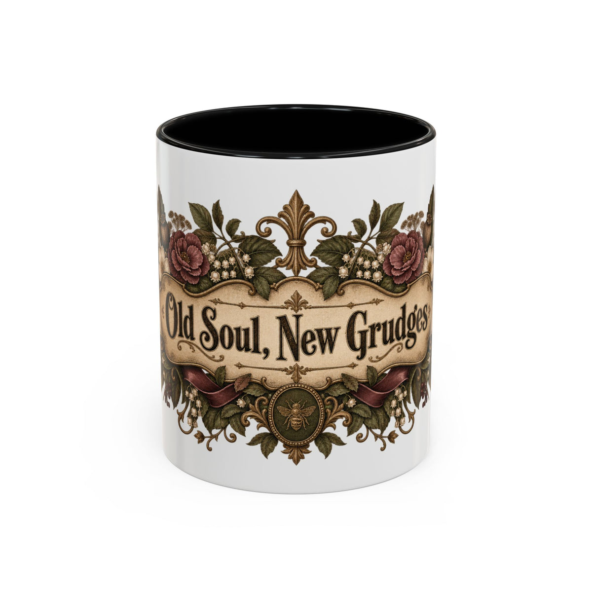 Old Soul, New Grudges accent coffee mug, 11oz, white with black interior and handle