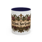 Old Soul, New Grudges accent coffee mug, 11oz, white with navy interior and handle