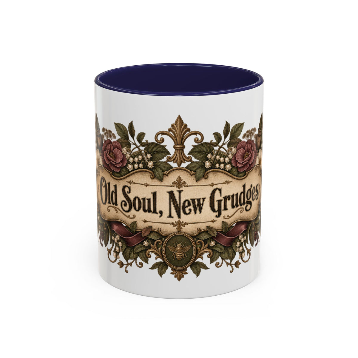 Old Soul, New Grudges accent coffee mug, 11oz, white with navy interior and handle