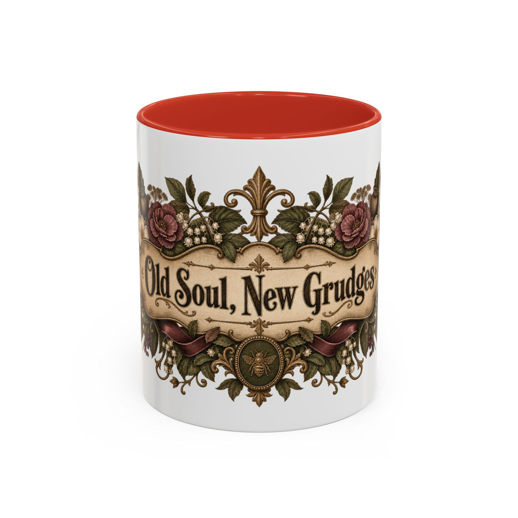 Old Soul, New Grudges accent coffee mug, 11oz, white with red interior and handle
