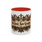 Old Soul, New Grudges accent coffee mug, 11oz, white with red interior and handle