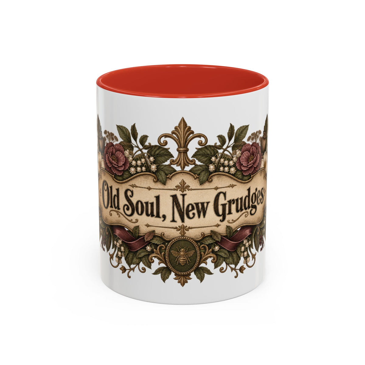 Old Soul, New Grudges accent coffee mug, 11oz, white with red interior and handle