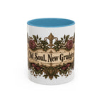 Old Soul, New Grudges accent coffee mug, 11oz, white with light blue interior and handle