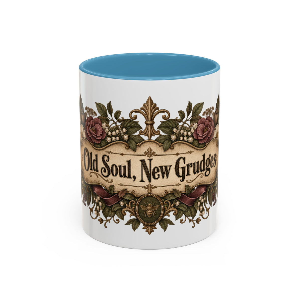 Old Soul, New Grudges accent coffee mug, 11oz, white with light blue interior and handle
