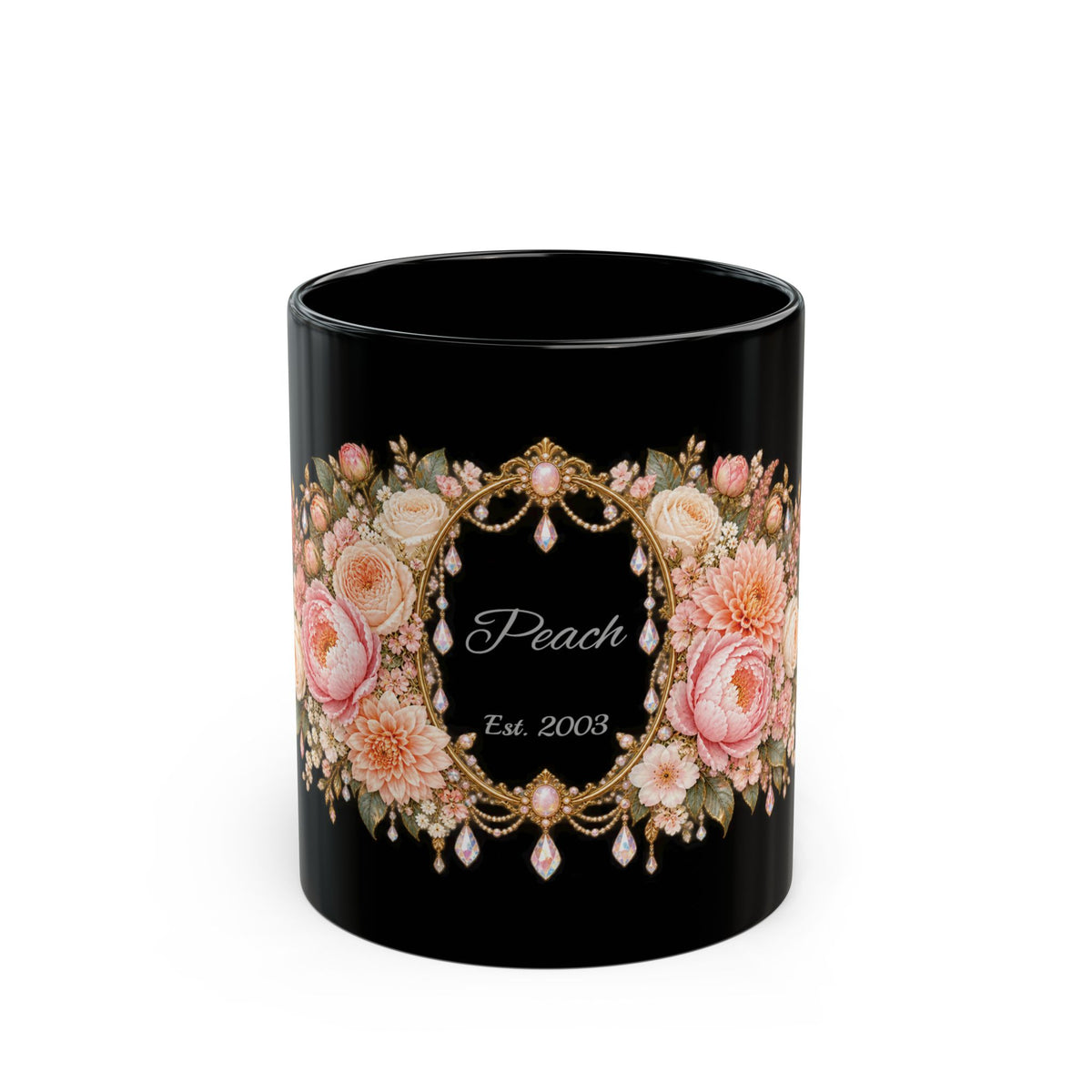 Peach Peony Name Frame personalized black coffee mug, 11oz, front view