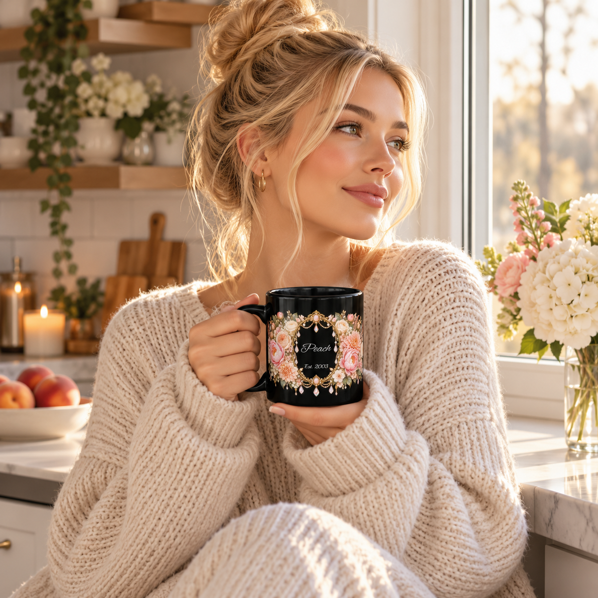 Peach Peony Name Frame personalized black coffee mug in a cozy lifestyle photo