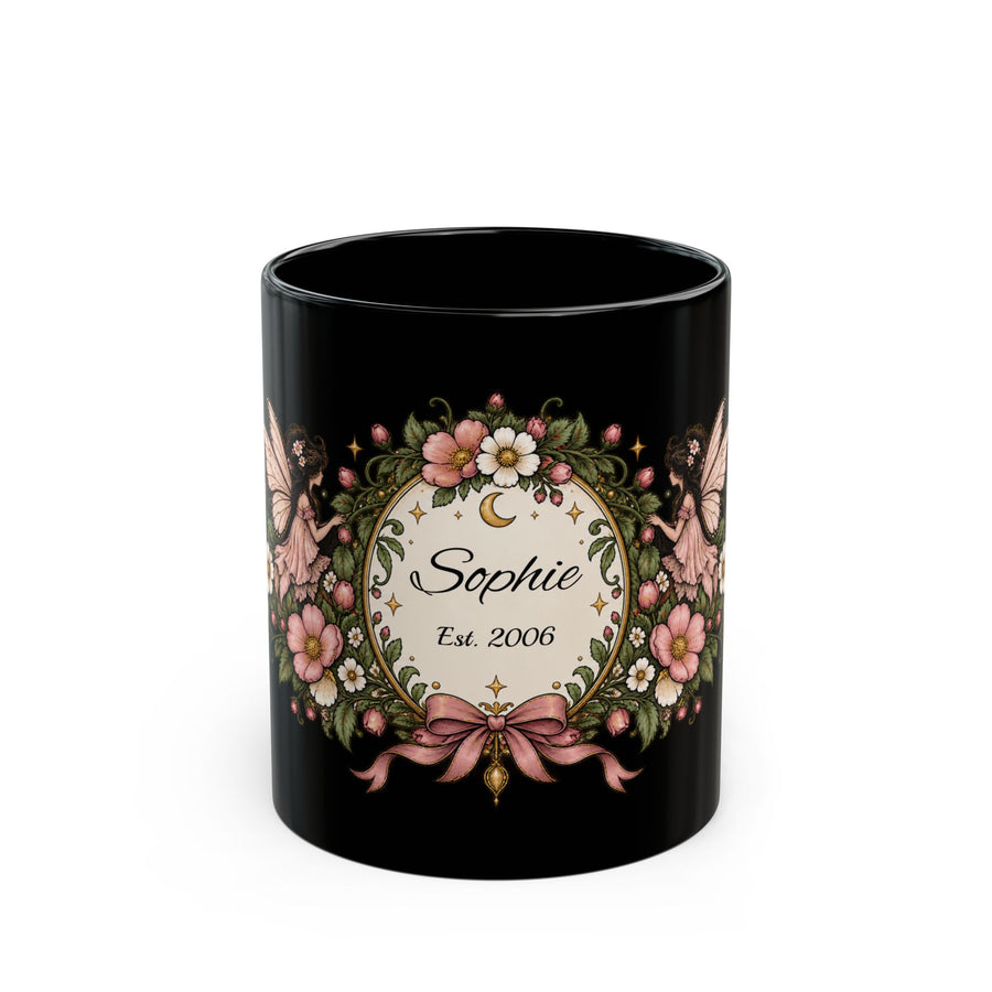 Pink Blossom Name Frame personalized black coffee mug, 11oz, front view
