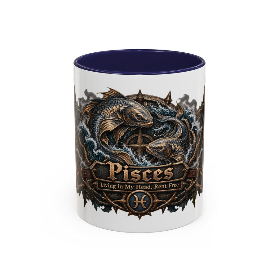 Pisces Bronze Zodiac accent coffee mug, 11oz, white with navy interior and handle