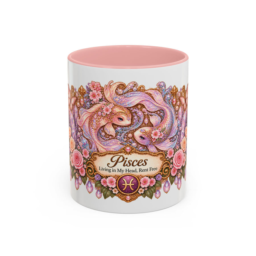 Pisces Floral Zodiac accent coffee mug, 11oz, white with pink interior and handle