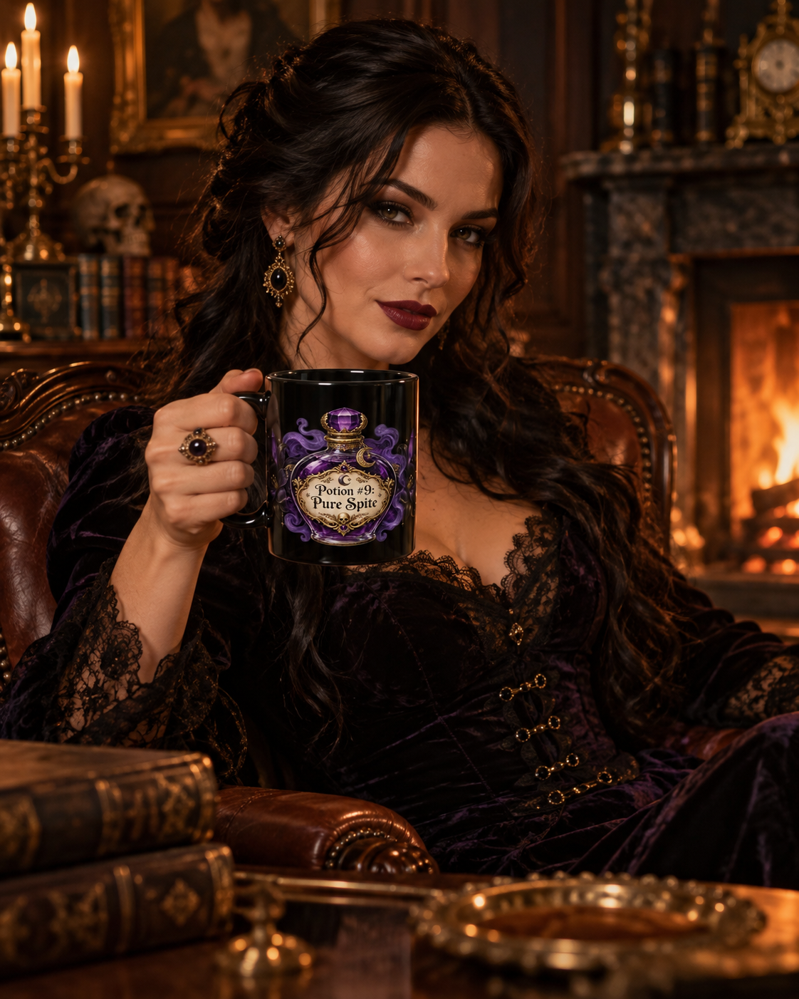 Potion #9: Pure Spite black coffee mug in a cozy lifestyle photo