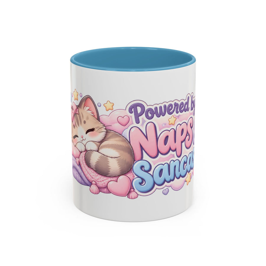 Powered by Naps and Sarcasm accent coffee mug, 11oz, white with light blue interior and handle