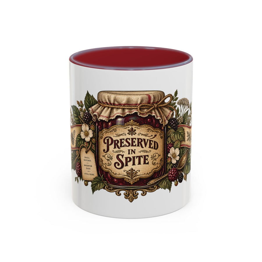 Preserved in Spite accent coffee mug, 11oz, white with maroon interior and handle